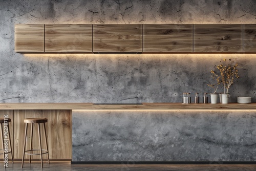 Modern wood and concrete kitchen interior with empty mock up place on wall.