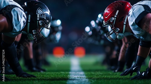 Two football teams face off on a brightly lit field, showcasing intensity and competitive spirit in a thrilling match.