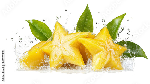 Fresh Starfruit with Water Splash and Green Leaves