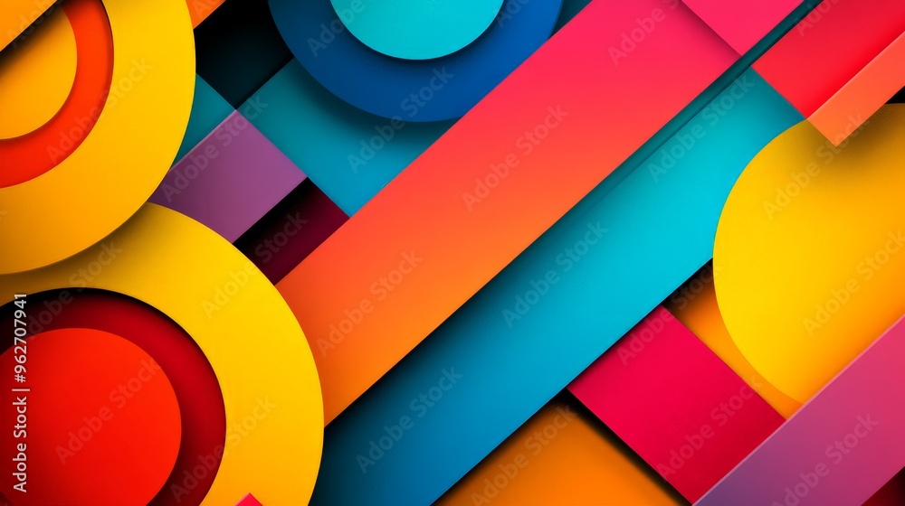 Vibrant abstract geometric shapes composition with colorful circles, lines, and rectangles creating a dynamic and modern visual effect.