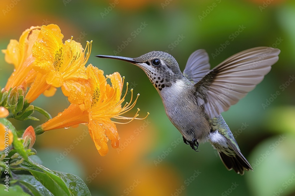 Fototapeta premium Hummingbird hovering near orange flower feeding on nectar with blurred background