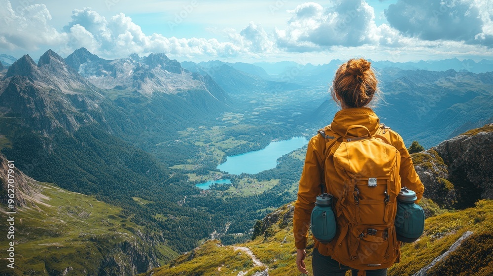 Hiker relaxing on mountain top enjoying inspiring view during autumn hike