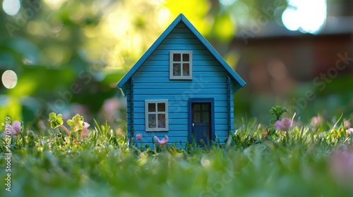 Wooden house model on the grass in garden.