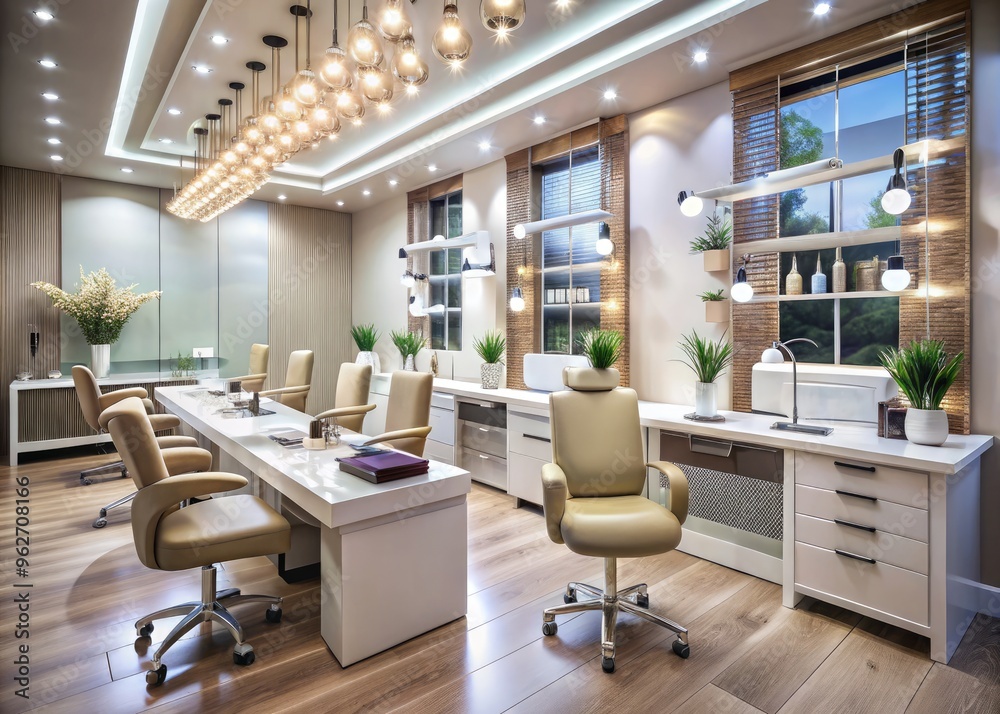 Interior Of A Nail Salon Decorated With Modern And Chic Elements, Showcasing Stylish And Elegant Designs In Nail Stations, Lighting, And Color Schemes. Interior Of A Nail Salon Decorated With Modern And Chic Elements, Showcasing Stylish And Elegant Designs In Nail Stations, Lighting, And Color Schemes.