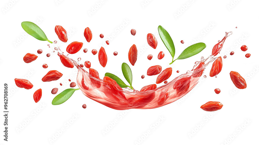 Goji Berries Splashing in Juice with Green Leaves Goji Berries Splashing in Juice with Green Leaves