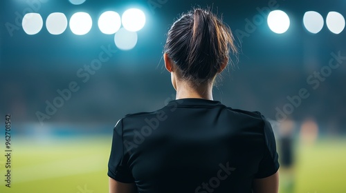 A female referee stands confidently on the sidelines of a brightly lit football field, ready to officiate the upcoming match.