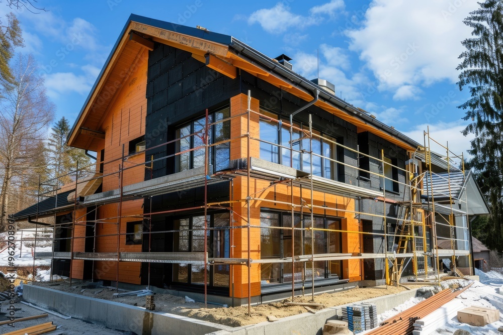 Exterior view of a new house in scaffolding under construction and painting. Exterior view of a new house in scaffolding under construction and painting.