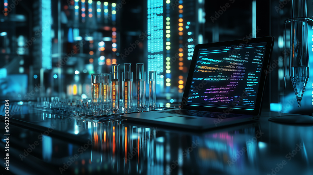 High-Tech Laboratory with Test Tubes and Data Analysis on Laptop High-Tech Laboratory with Test Tubes and Data Analysis on Laptop
