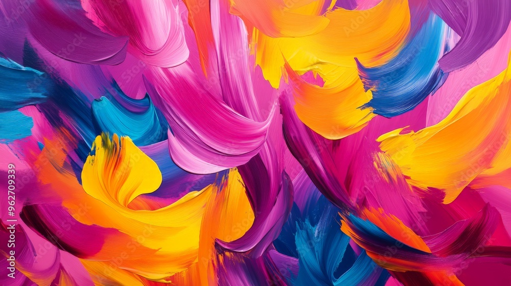 Vibrant abstract painting with colorful brush strokes in hues of pink, yellow, and blue. Vibrant abstract painting with colorful brush strokes in hues of pink, yellow, and blue.
