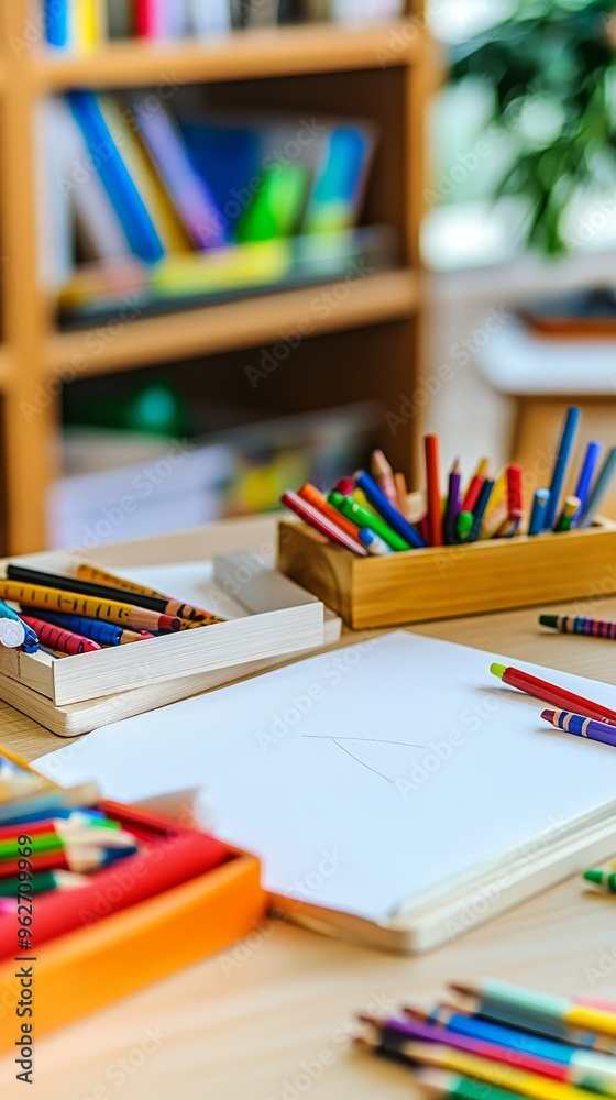 A blank sheet of paper and colored pencils on a wooden desk with a bookshelf in the background. A blank sheet of paper and colored pencils on a wooden desk with a bookshelf in the background.