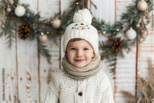 Cheerful child in snowman costume with hat and scarf against colorful new year s garlands photo