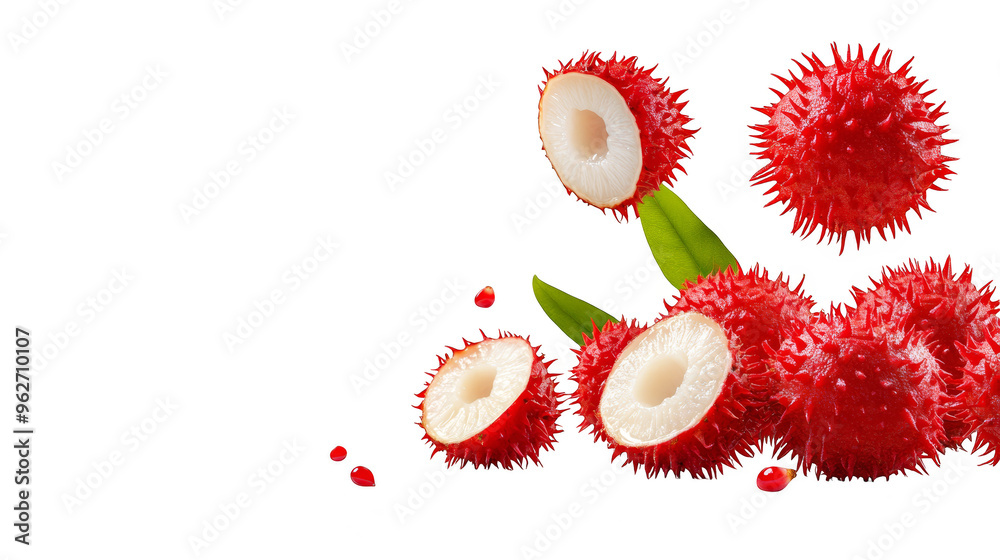 Fresh red rambutan fruit with green leaves transparent background Fresh red rambutan fruit with green leaves transparent background
