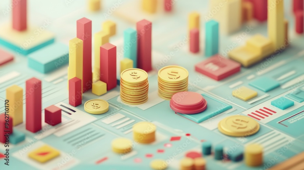 Financial Growth and Success Illustrated Through Colorful Charts and Stacks of Coins Financial Growth and Success Illustrated Through Colorful Charts and Stacks of Coins