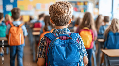 young boy enters a brightly lit classroom, his back facing the camera. The colorful surroundings evoke curiosity, new beginnings, and the promise of learning, symbolizing growth, hope, and potential
