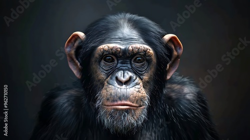 A close-up portrait of a chimpanzee showcasing its expressive face and intricate fur details.