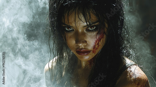 A woman with blood on her face stares intensely at the camera. photo