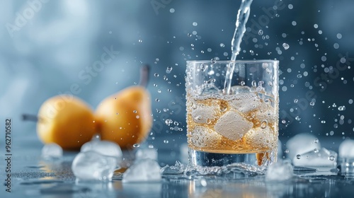 Pear juice being poured into a frosty glass, with condensation droplets highlighting its cool and refreshing quality.