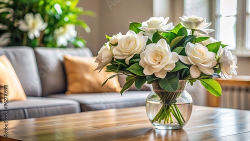 Beautiful arrangement of gardenia flowers on a living room table, gardenia, flowers, arrangement, living room, table