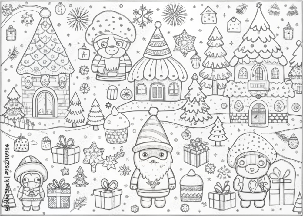 Fototapeta premium Whimsical Christmas Village with Elves for Coloring Books and Craft Projects