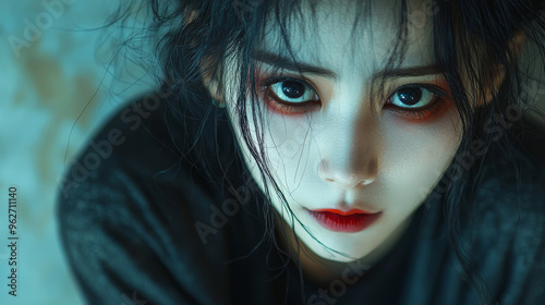 Close-up portrait of a young woman with dark hair and bold makeup.