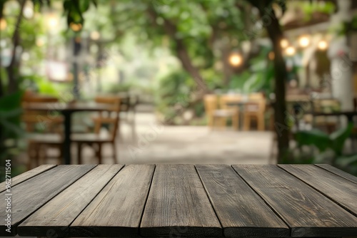 Empty wood table with blur interior outdoor space coffee restaurant or cafe for background , ai