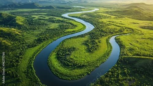 Aerial View of Winding River Through Lush Green Landscape