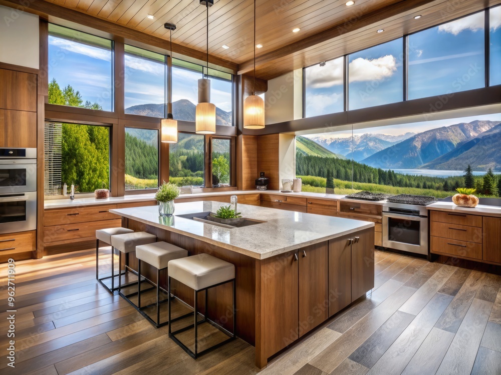 Luxurious modern mountain home kitchen features sleek wood cabinetry, expansive quartz countertops, and floor-to-ceiling windows framing stunning mountain valley vistas. Luxurious modern mountain home kitchen features sleek wood cabinetry, expansive quartz countertops, and floor-to-ceiling windows framing stunning mountain valley vistas.