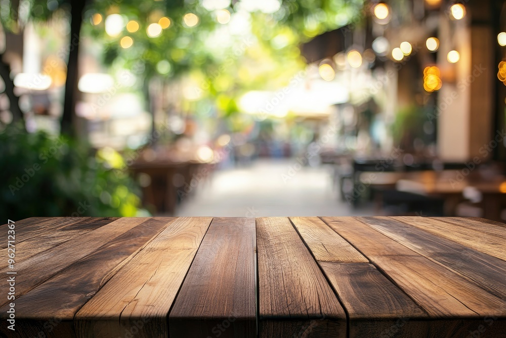Empty wood table with blur interior outdoor space coffee restaurant or cafe for background , ai Empty wood table with blur interior outdoor space coffee restaurant or cafe for background , ai