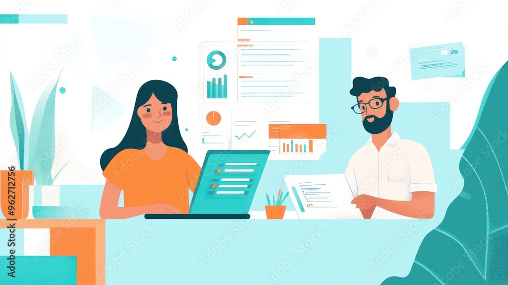 Business Meeting Illustration: Two People Working Together in a Modern Office