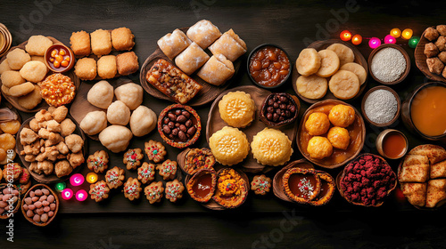 A spread of handmade Diwali sweets, including ladoos, gulab jamun, and halwa, laid out on a festive table with colorful Diwali lights, homemade sweets, festival celebration photo