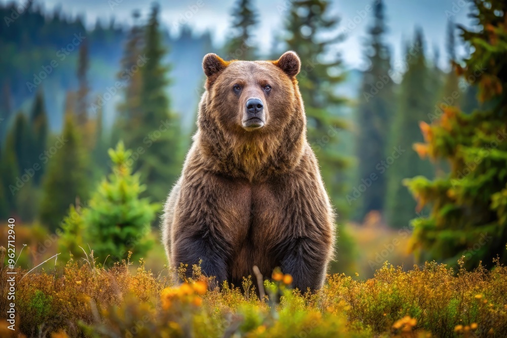 Majestic Grizzly Bear Standing Tall And Alert In Its Natural Wilderness Habitat, Displaying Its Impressive Size And Presence. Majestic Grizzly Bear Standing Tall And Alert In Its Natural Wilderness Habitat, Displaying Its Impressive Size And Presence.