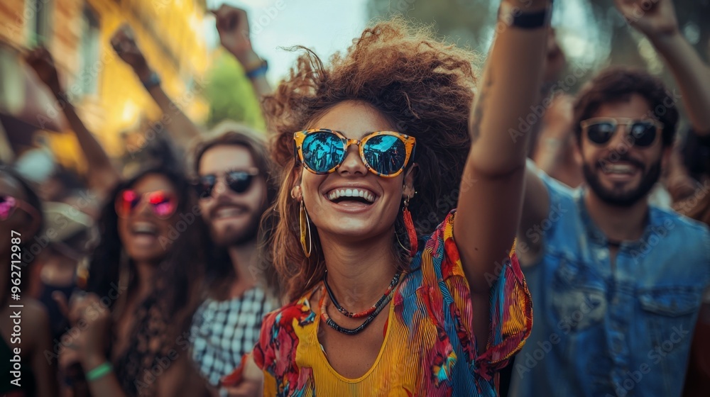 Happy Woman Dancing at Music Festival with Friends Happy Woman Dancing at Music Festival with Friends
