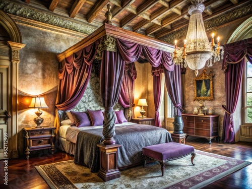 Majestic four-poster bed adorned with luxurious drapes, velvet canopies, and ornate details, evoking regal splendor in a lavish, fairytale-inspired bedroom with stone walls and grand chandeliers.