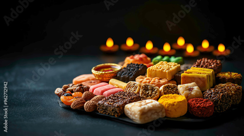 A vibrant assortment of colorful Diwali sweets and dry fruits, beautifully decorated for a festive spread, with glowing diyas in the background, Diwali feast, sweets and light photo