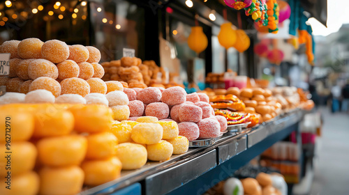 An outdoor Diwali market stall filled with vibrant sweets, sugar-covered treats displayed next to colorful lanterns and garlands, Diwali market, sugar indulgence photo