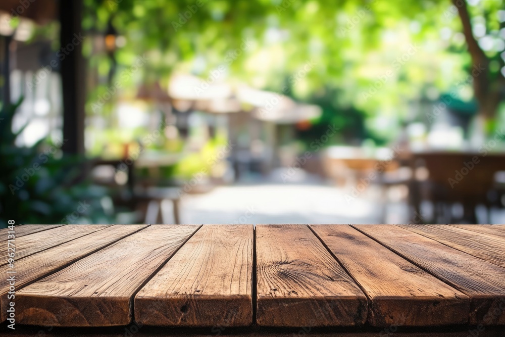 Empty wood table with blur interior outdoor space coffee restaurant or cafe for background , ai Empty wood table with blur interior outdoor space coffee restaurant or cafe for background , ai