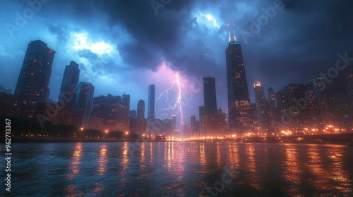 Dramatic Lightning Strike Over City Skyline at Night