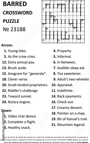 Barred crossword puzzle game № 23188. General knowledge, family friendly. Thick bars as dividers instead of black cells. Answer included.
