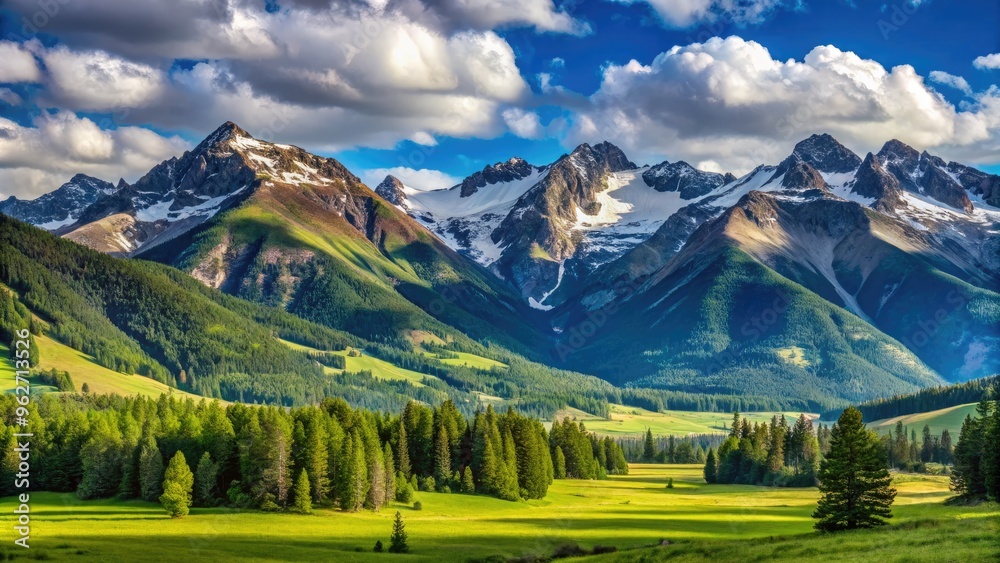 Majestic Peaks Pierce The Azure Sky, Casting Majestic Shadows Across The Vast And Verdant Wallowa Valley. Majestic Peaks Pierce The Azure Sky, Casting Majestic Shadows Across The Vast And Verdant Wallowa Valley.