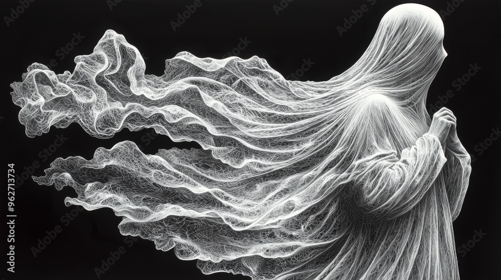 A ghostly figure with flowing white fabric against a black background.