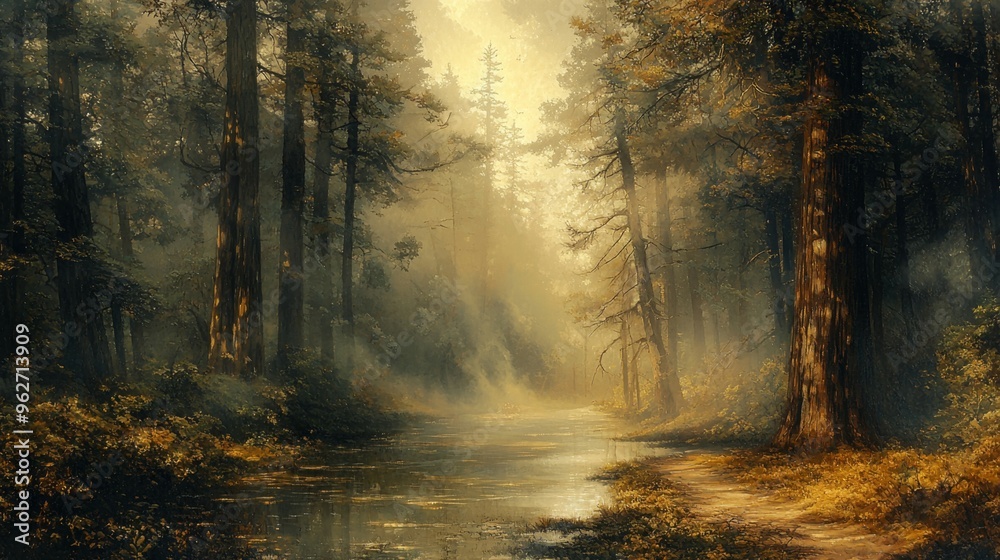Misty Forest Path with Stream and Sunlight Misty Forest Path with Stream and Sunlight