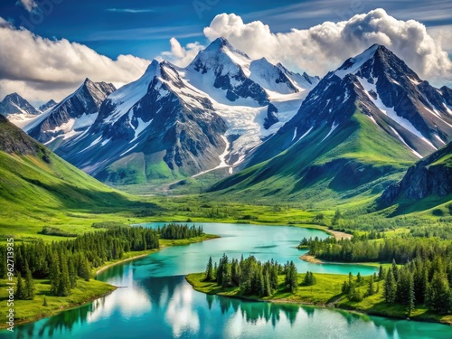 Majestic snow-capped peaks of Alaska's rugged mountain range rise into the sky, surrounded by valleys of lush greenery and serene turquoise glacial lakes.