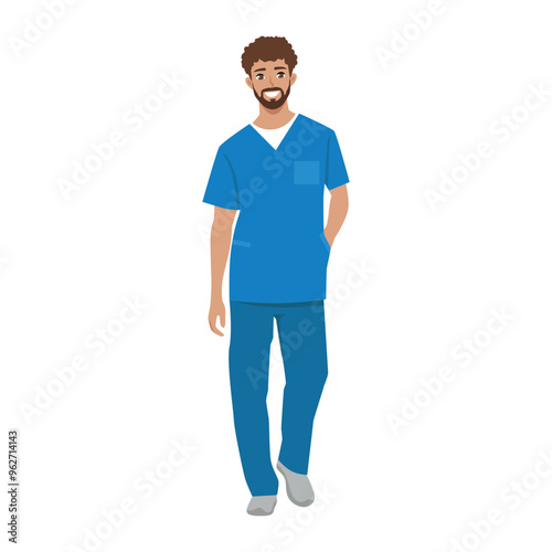 Young male doctor standing with hand in scrubs uniform. Flat vector Character illustration