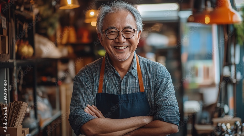 portrait of a smart casual asian business owner with a joyful smile, standing in his store, shop, or warehouse space, demonstrating successful small business management and happiness portrait of a smart casual asian business owner with a joyful smile, standing in his store, shop, or warehouse space, demonstrating successful small business management and happiness