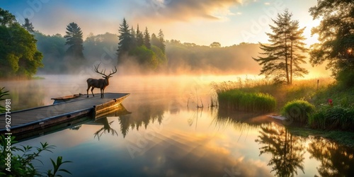 Misty dawn forest landscape featuring a rustic wooden dock, fishing boat, and majestic buck deer silhouette, surrounded by lush foliage and serene misty lake waters. photo