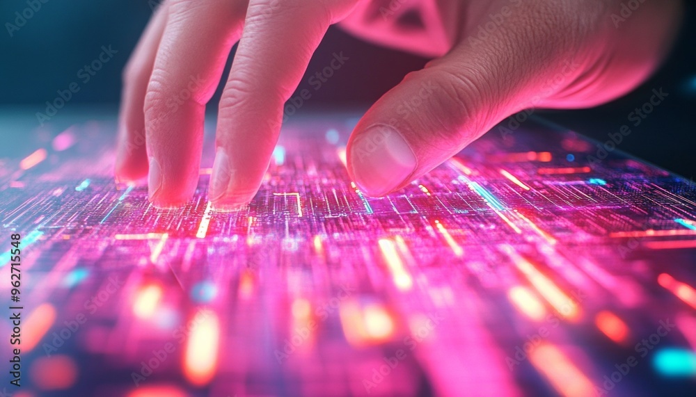 Close-up of Hands Interacting with a Touchscreen Interface in a Futuristic Digital Environment Close-up of Hands Interacting with a Touchscreen Interface in a Futuristic Digital Environment