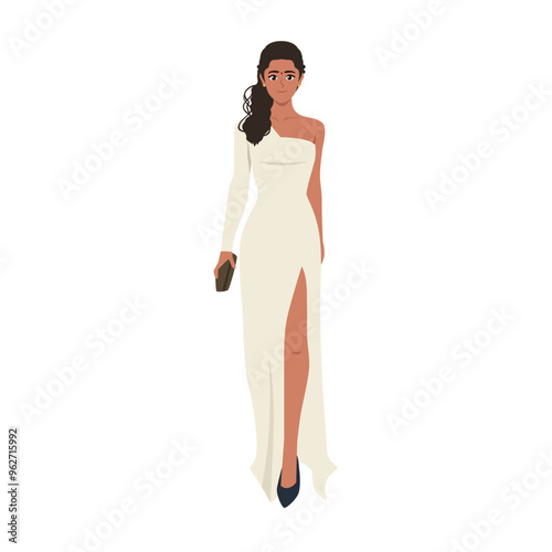 Young woman with slim body shape in evening long dress attire. Flat vector Character illustration