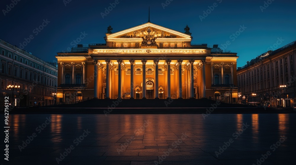 Fototapeta premium Moscow's Bolshoi Theatre, grand facade illuminated at night with empty surroundings
