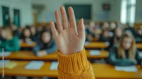 student raises their hand in a classroom, the focus on the hand while the background remains blurred. The image symbolizes curiosity, engagement, participation, and the pursuit of knowledge