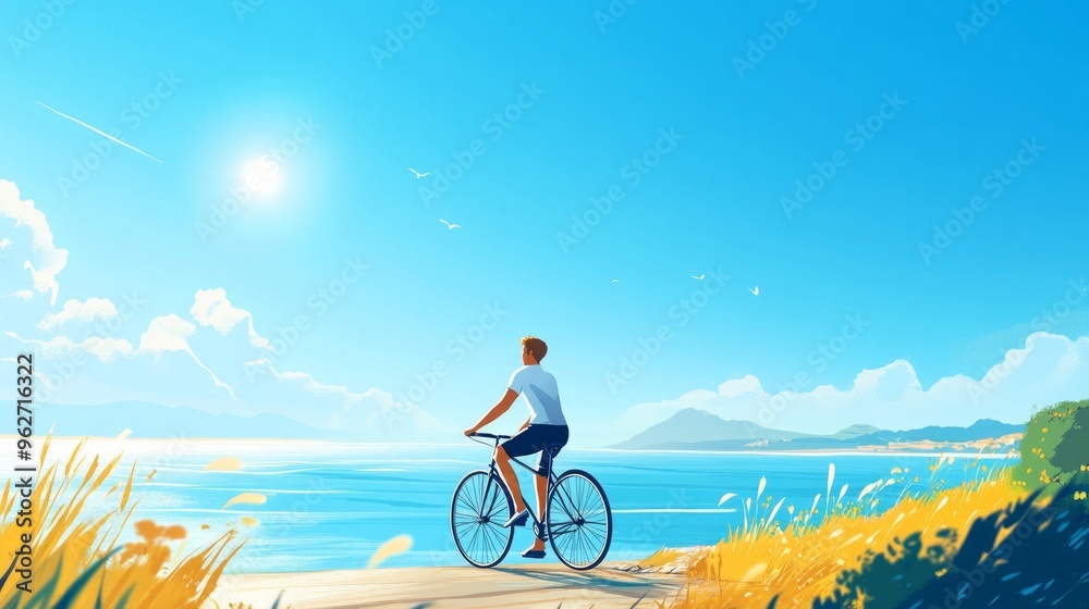 Fototapeta premium A serene cyclist enjoys the beautiful coastal view. The bright blue sky and calm sea create a peaceful atmosphere. This digital artwork captures the joy of cycling outdoors. AI